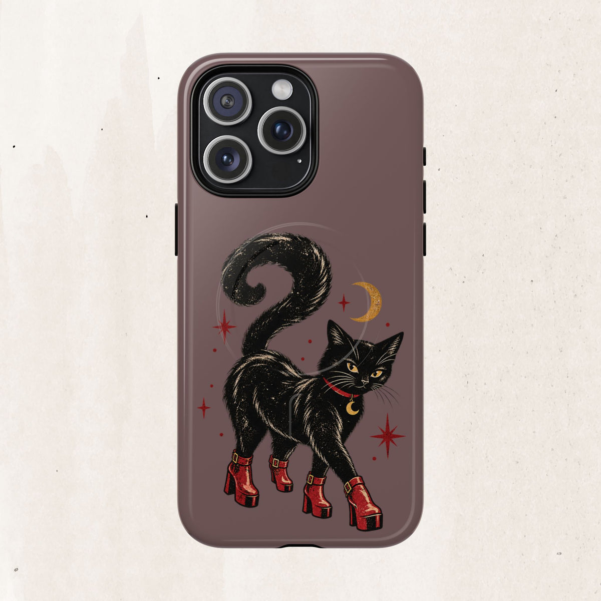 Magnetic Phone Case — Black Cat in Red Boots Design
