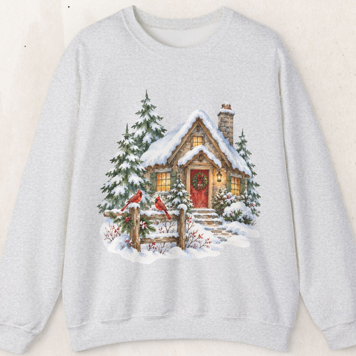 Cozy Christmas Cottage Sweatshirt, Snowy Winter Cabin Crewneck