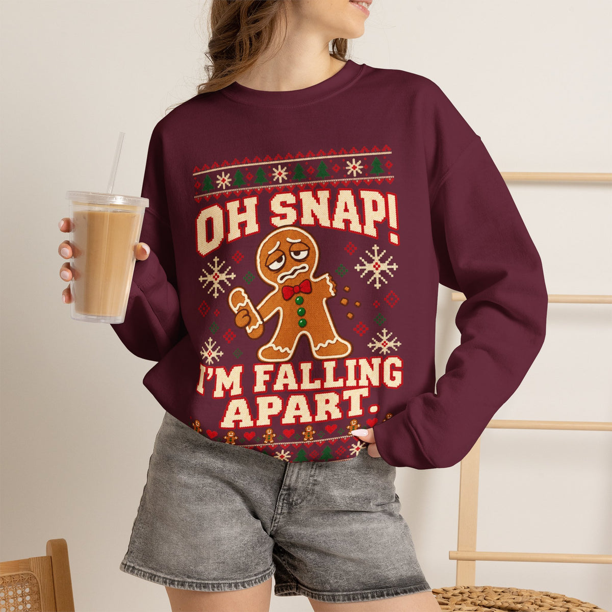 Oh Snap I'm Falling Apart Gingerbread Christmas Sweatshirt in Red, alternate view