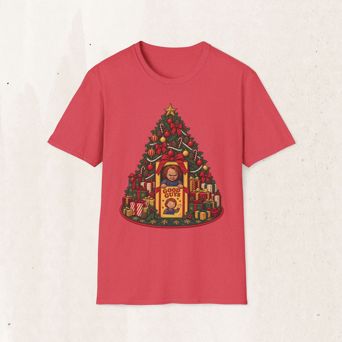 Chucky Christmas Graphic Tee – Creepy Horror Christmas Shirt – Heather Red