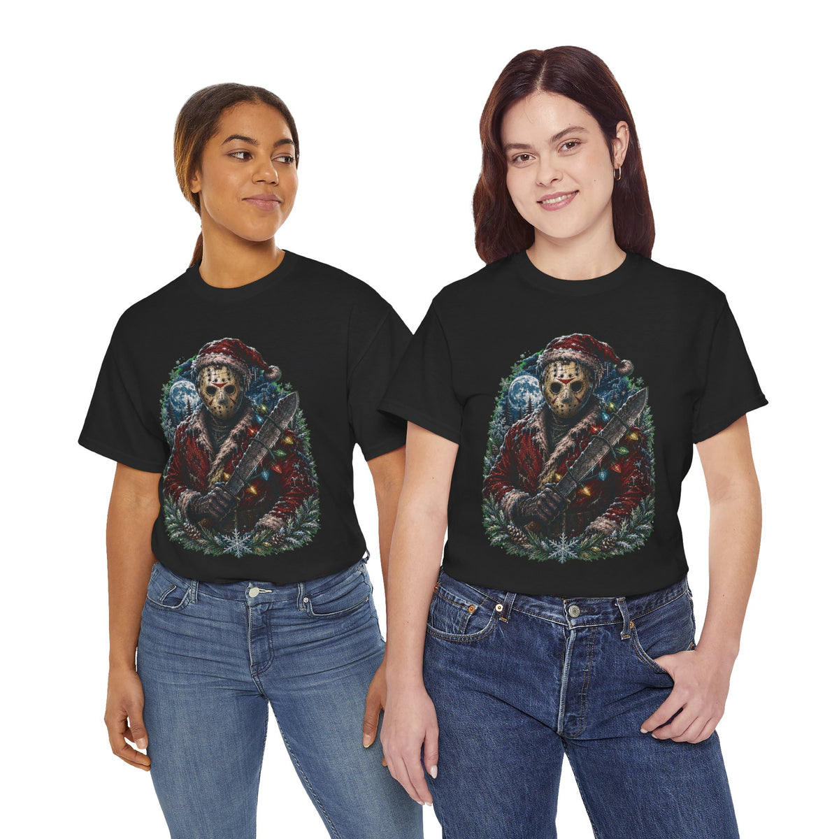 Horror Christmas Tee — Jason Holiday Killer Mask with Festive Machete