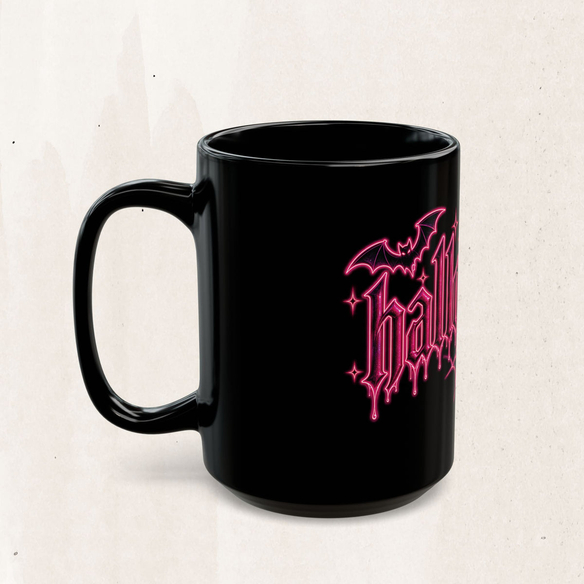 Halloween Gothic Pink Neon Mug — 'Halloqueen' Spiderweb & Bats Coffee Cup