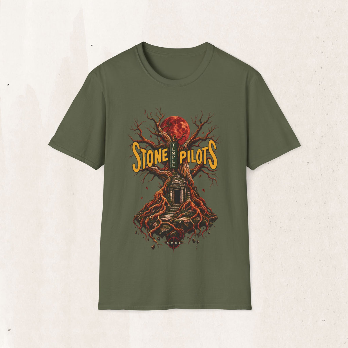 Stone Pilots Vintage Rock Tee – Distressed Retro Band Shirt – Military Green