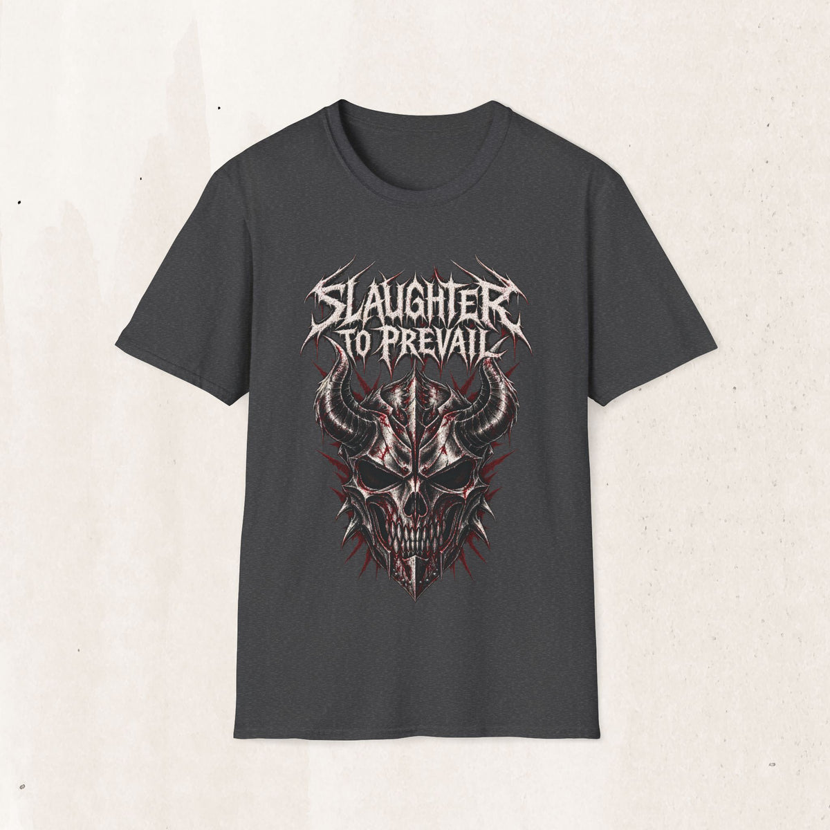 Slaughter To Prevail Distressed Band Tee – Horned Skull Metal Shirt – Dark Heather