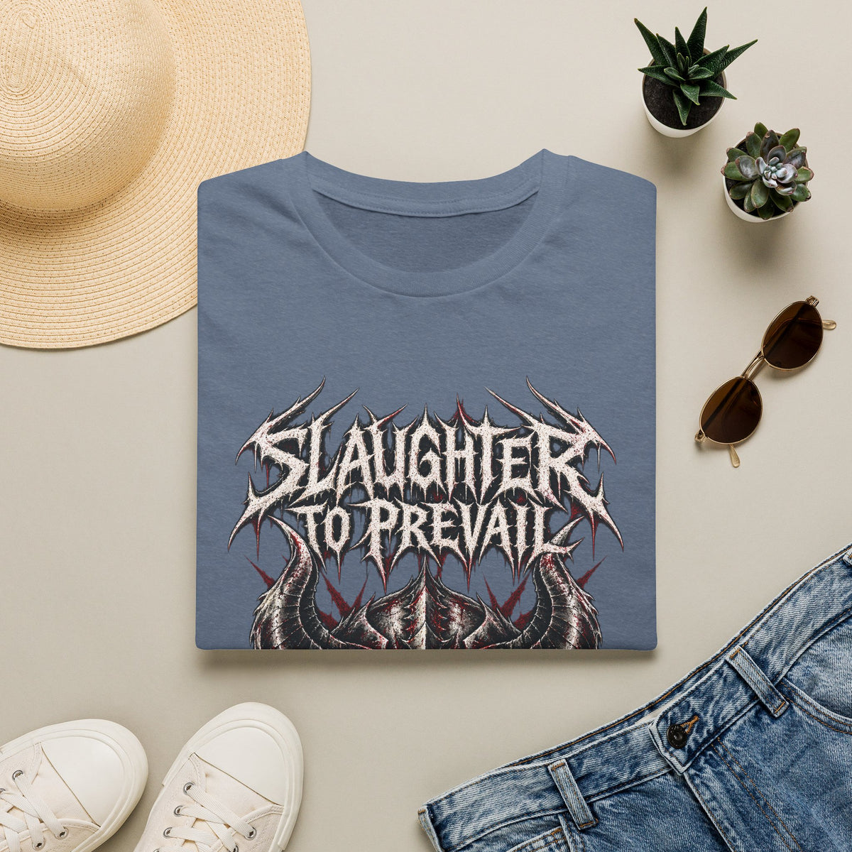 Slaughter To Prevail Distressed Band Tee – Horned Skull Metal Shirt – Heather Indigo