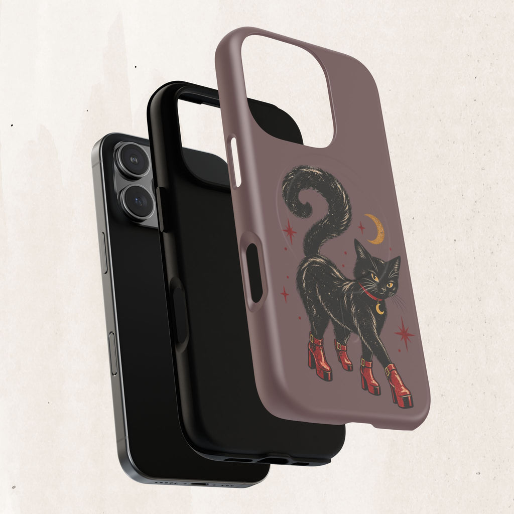 Magnetic Phone Case — Black Cat in Red Boots Design
