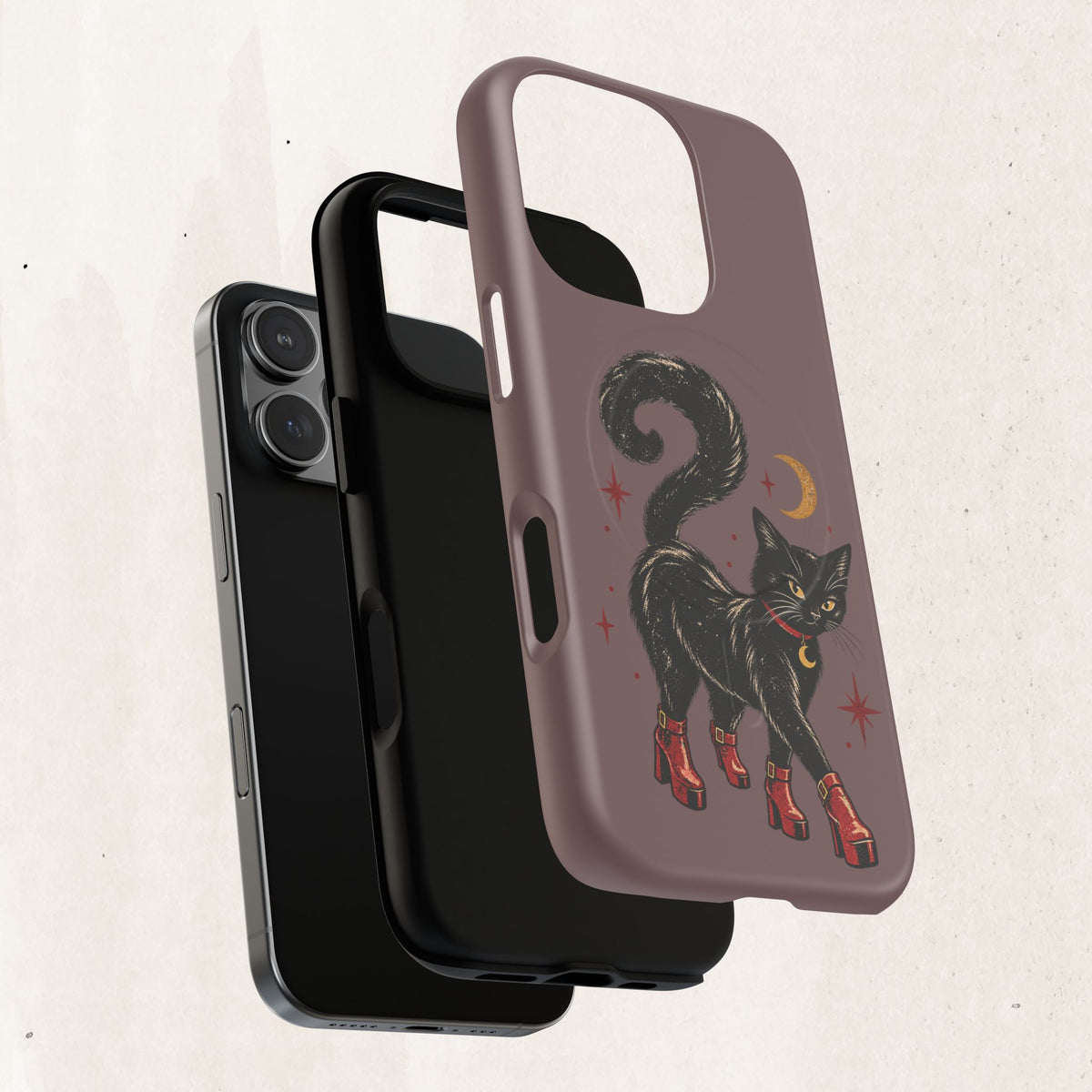 Magnetic Phone Case — Black Cat in Red Boots Design