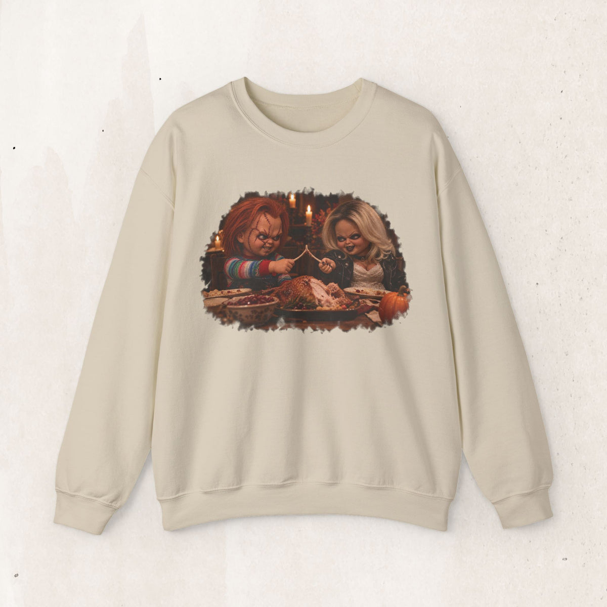 Chucky & Tiffany Thanksgiving wishbone sweatshirt in Sand, front view