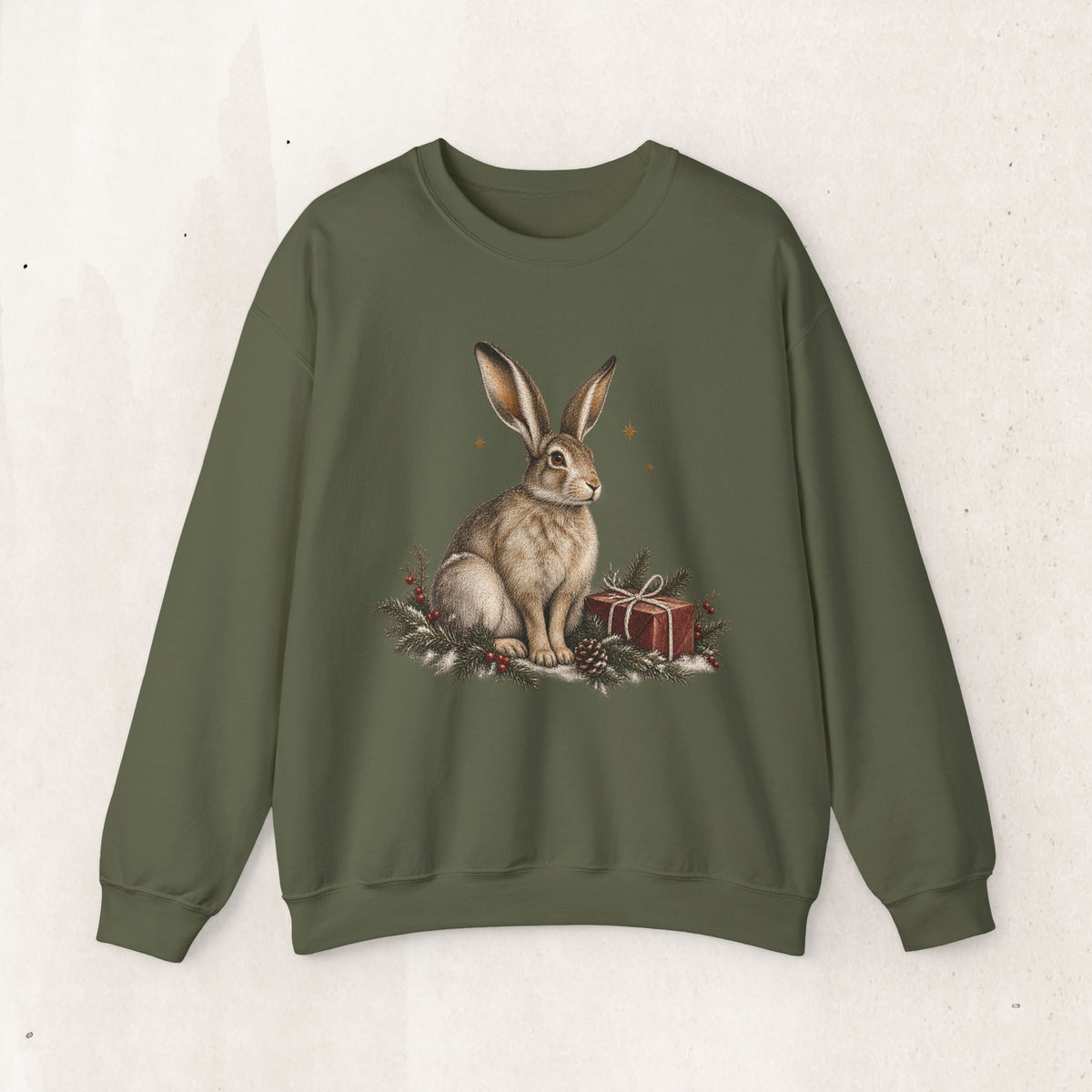 Christmas bunny sweatshirt with a vintage woodland rabbit, evergreen branches, stars and gifts