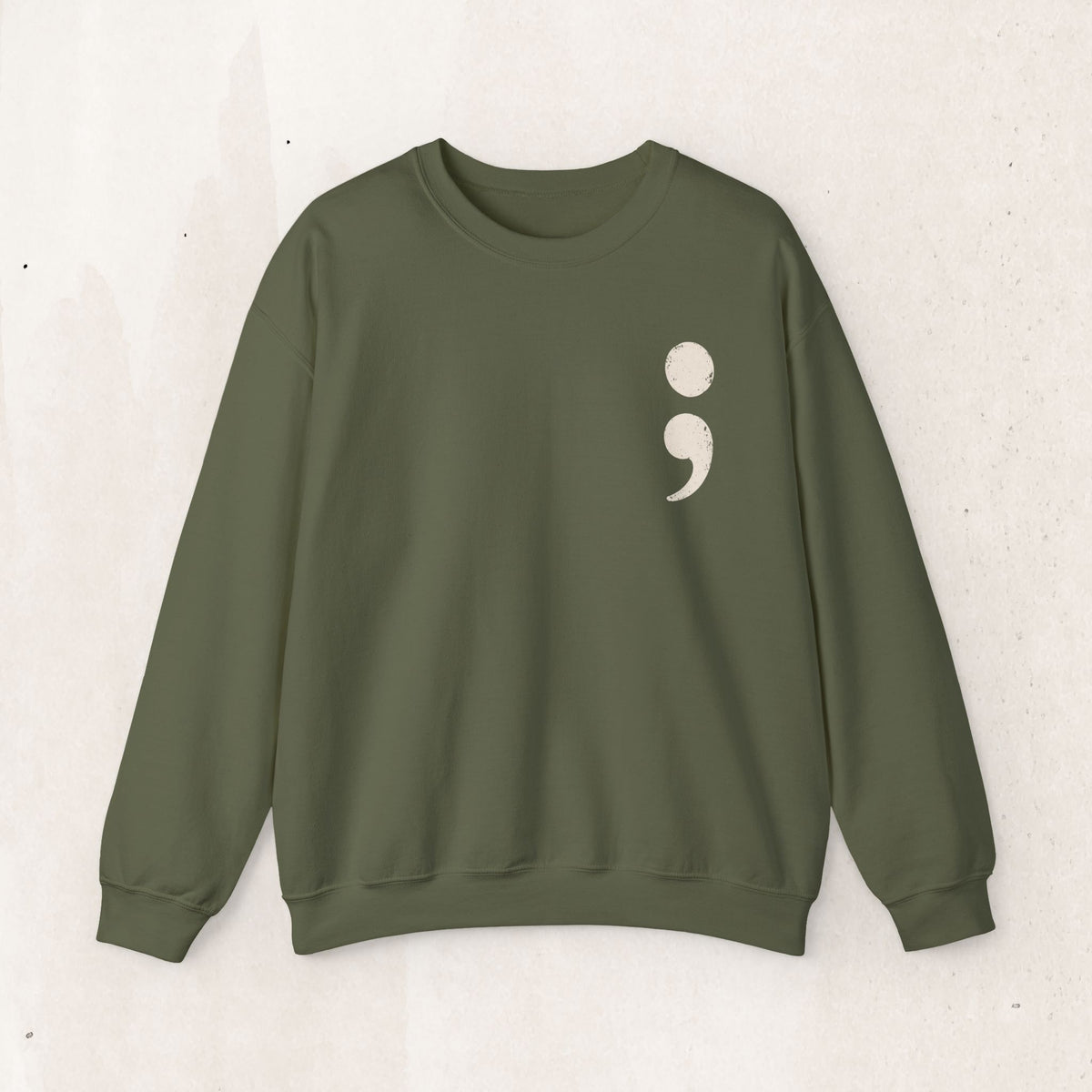 Minimalist semicolon suicide awareness crewneck sweatshirt in military green