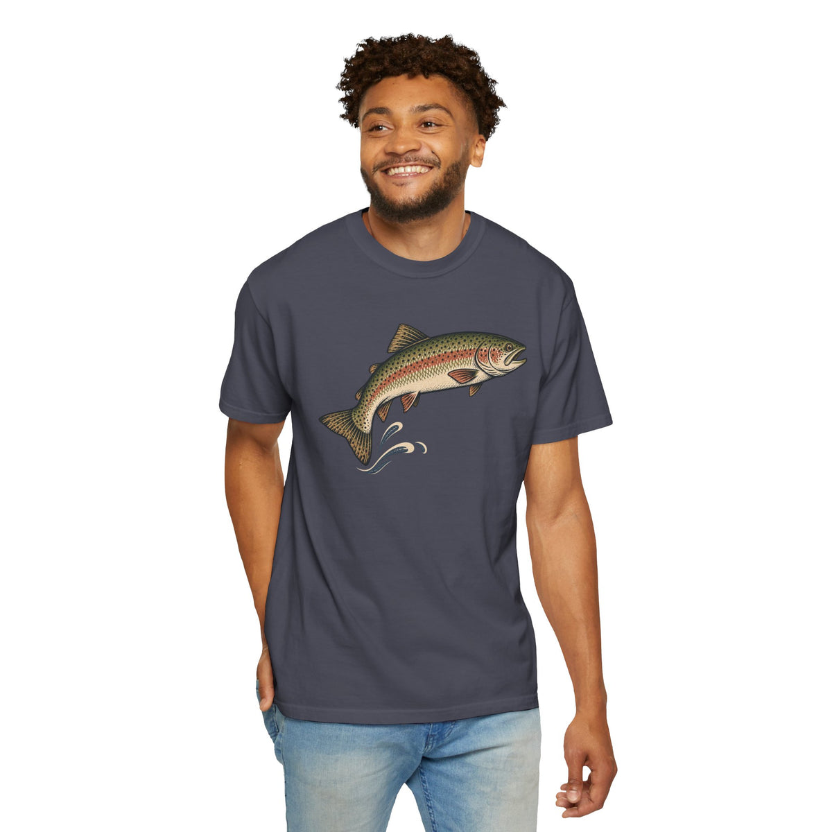 Vintage Leaping Rainbow Trout Tee in Navy, alternate view