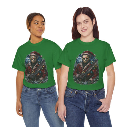 Horror Christmas Tee — Jason Holiday Killer Mask with Festive Machete