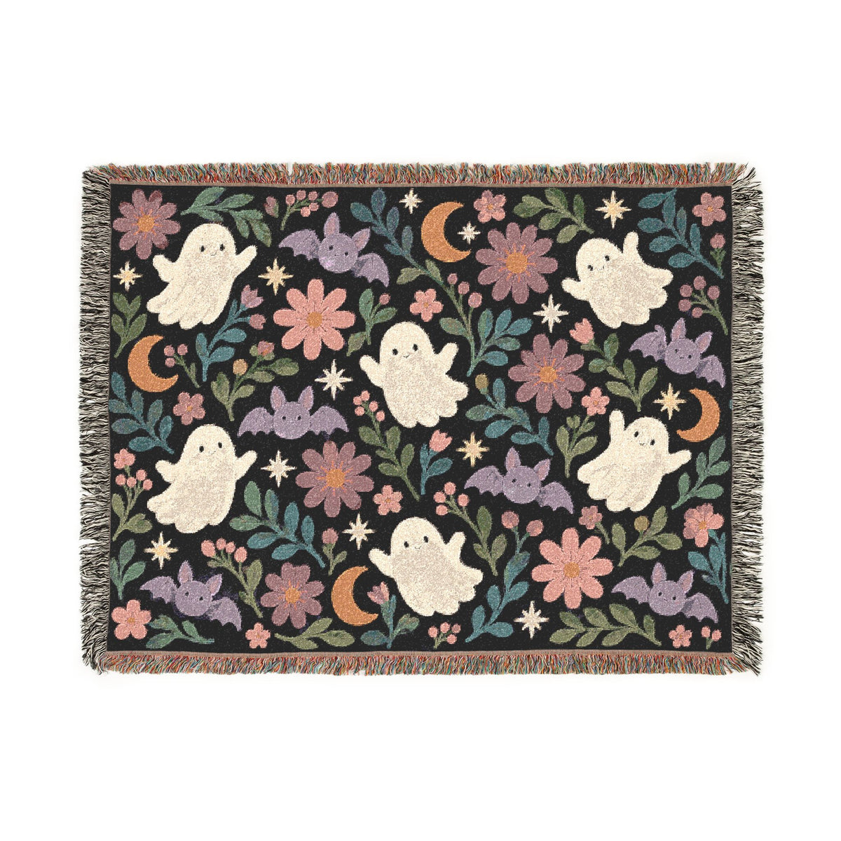 Spooky Ghosts and Floral Moon Woven Blanket Printify
