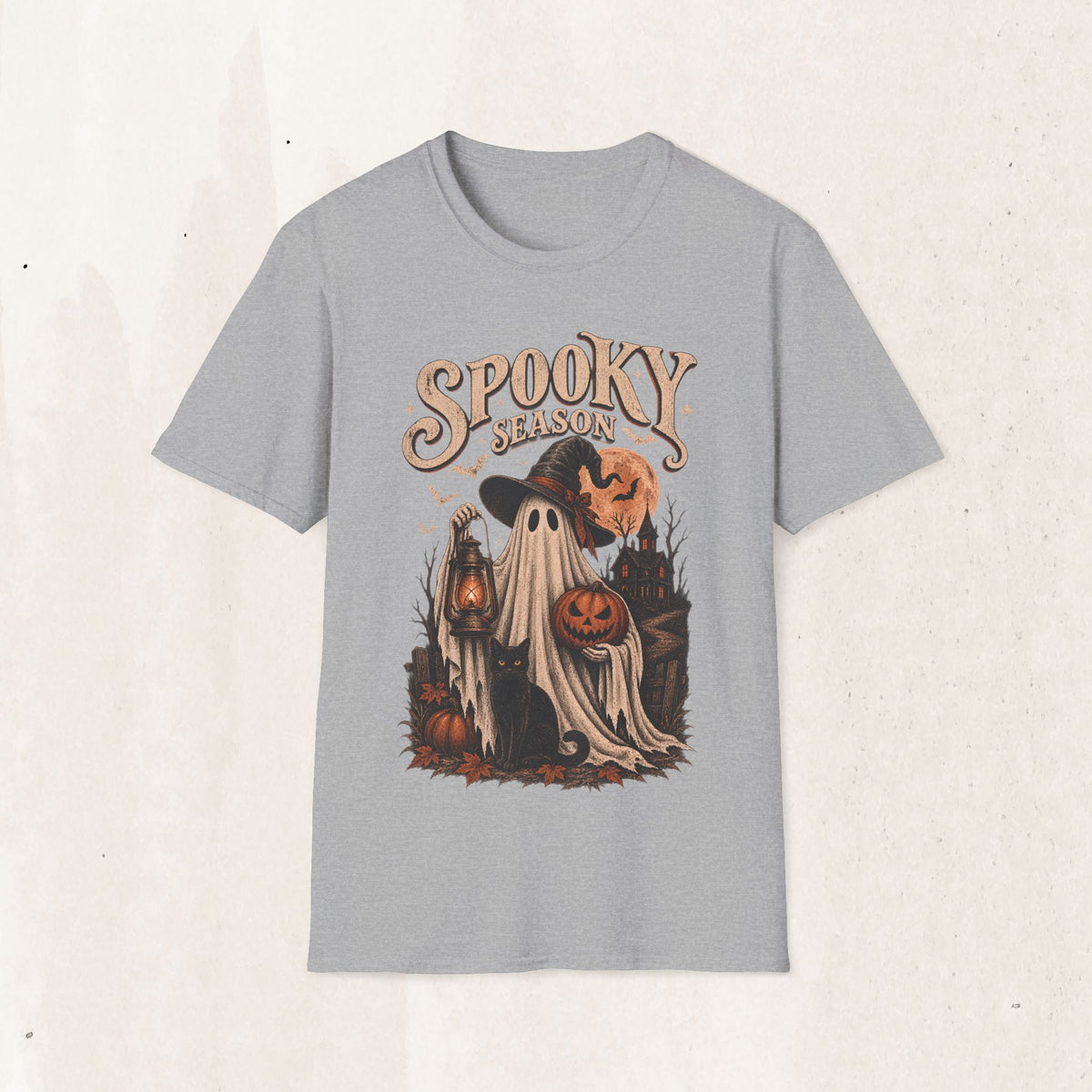 Spooky Season Graphic Tee – Vintage Ghost & Witch Hat Shirt – Sport Grey