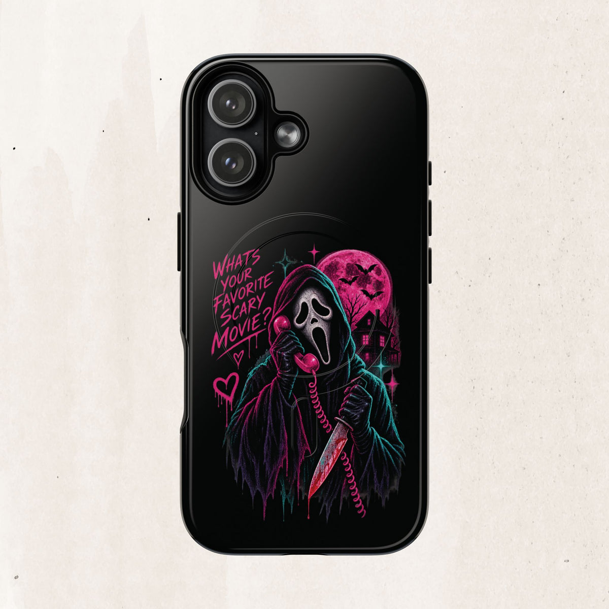 Magnetic Phone Case — Neon 'What's Your Favorite Scary Movie?' Horror Design
