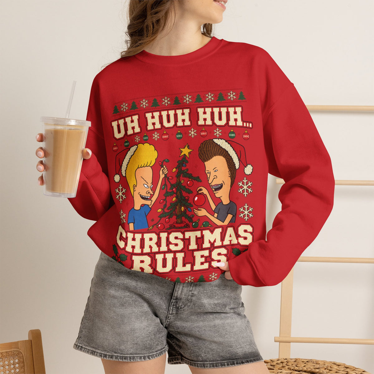 Beavis & Butthead Christmas Rules Ugly Sweatshirt in Red, alternate view