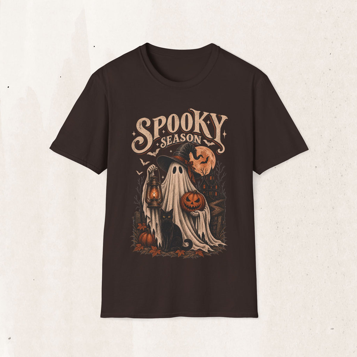Spooky Season Graphic Tee – Vintage Ghost & Witch Hat Shirt – Dark Chocolate