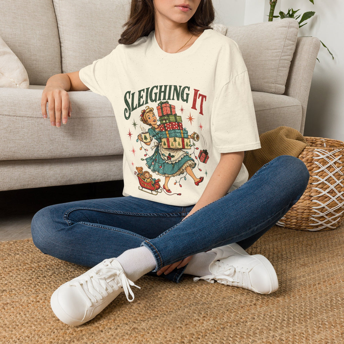 Vintage Christmas "Sleighing It" Graphic Tee Printify