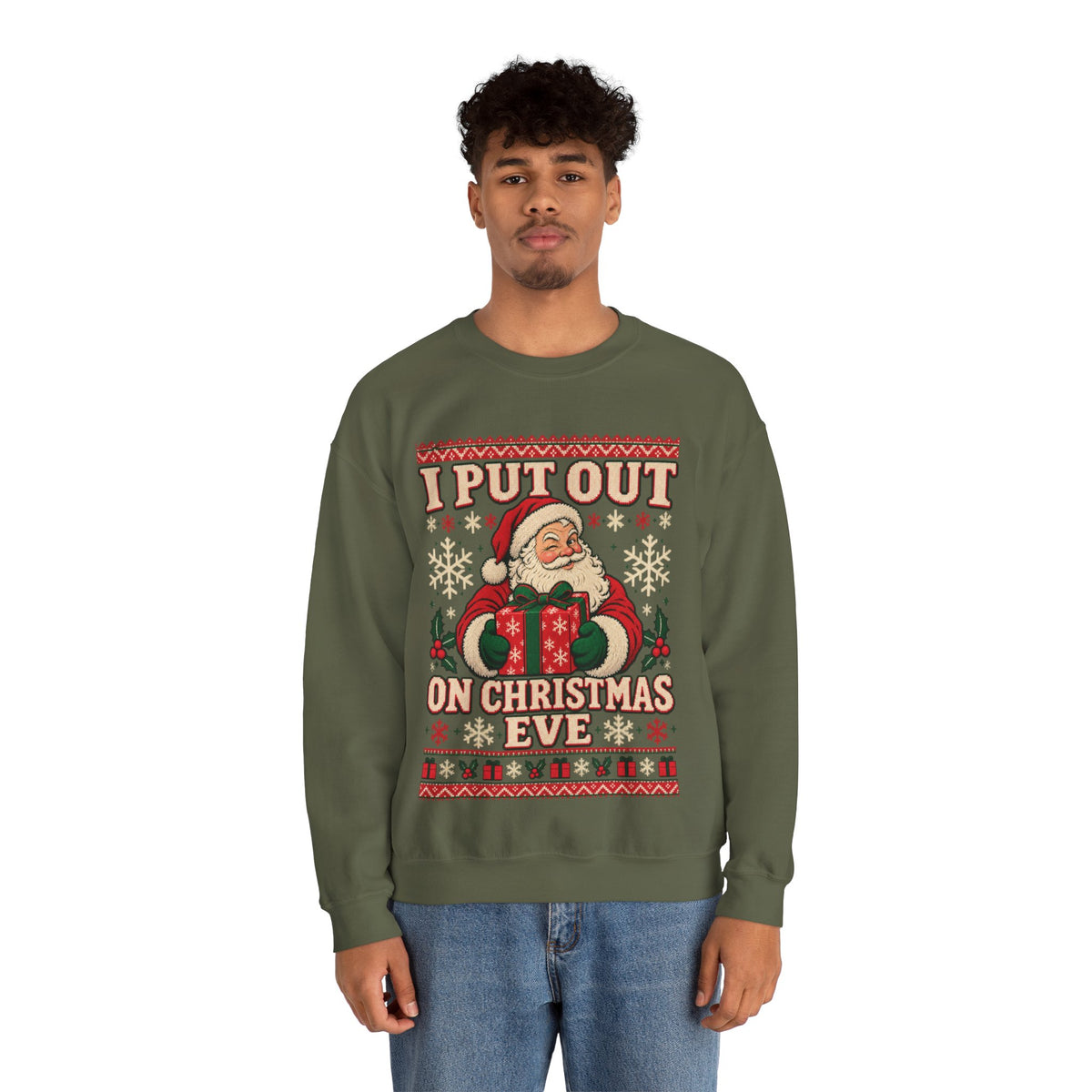 I Put Out on Christmas Eve Santa Ugly Christmas Sweatshirt in Red, alternate view