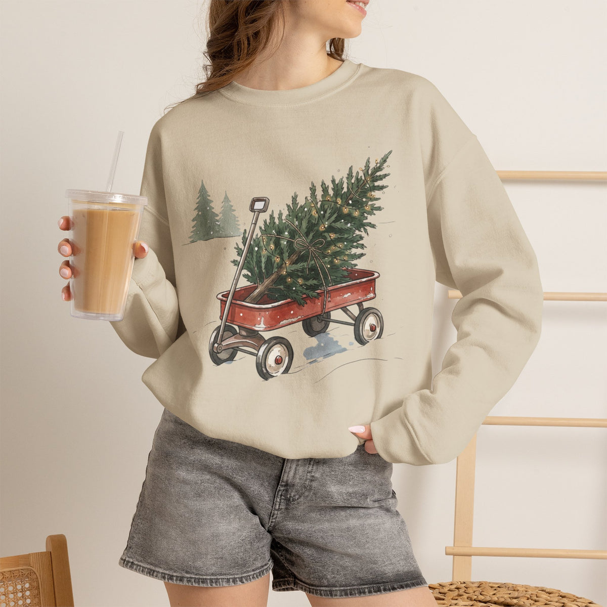 Vintage Christmas Tree Wagon Crewneck Sweatshirt Printify