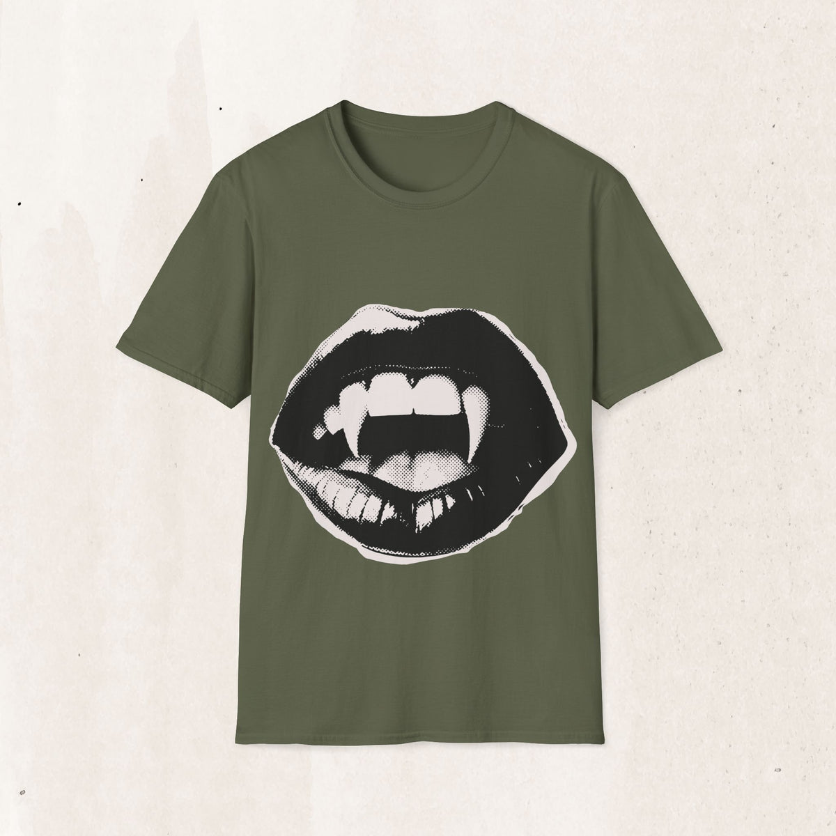 Vampire Fangs Graphic Tee – Gothic Lips & Fangs Shirt – Military Green