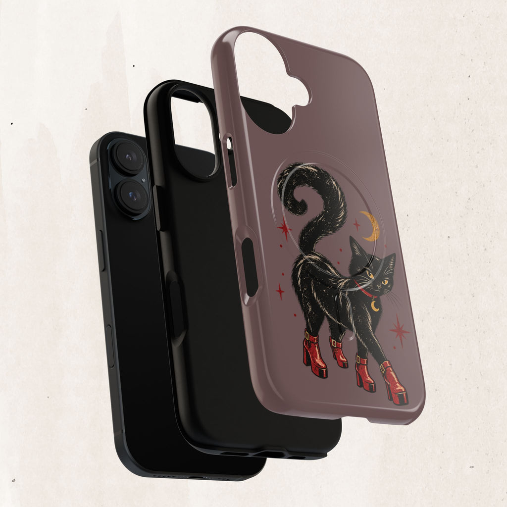 Magnetic Phone Case — Black Cat in Red Boots Design