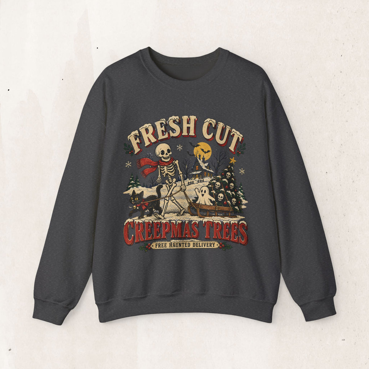 Fresh Cut Creepy Christmas Trees Halloween Sweatshirt, Skeleton Christmas Tree Crewneck