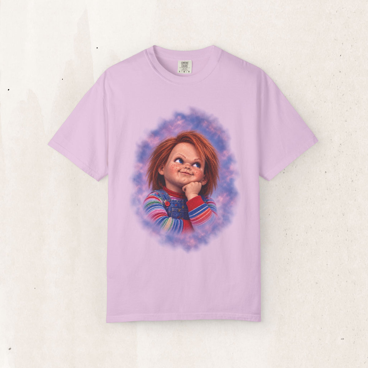 Chucky 80s Portrait Tee – Retro Horror Glamour Shot Shirt – Orchid