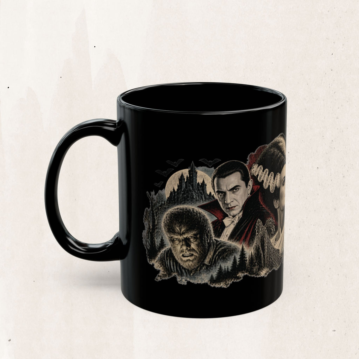 Horror Monsters Mug — Classic Universal Monsters Black Coffee Cup (11oz/15oz)
