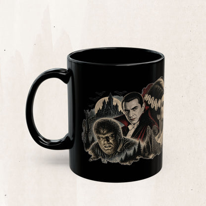 Horror Monsters Mug — Classic Universal Monsters Black Coffee Cup (11oz/15oz)