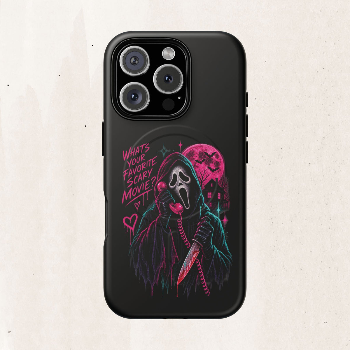 Magnetic Phone Case — Neon 'What's Your Favorite Scary Movie?' Horror Design