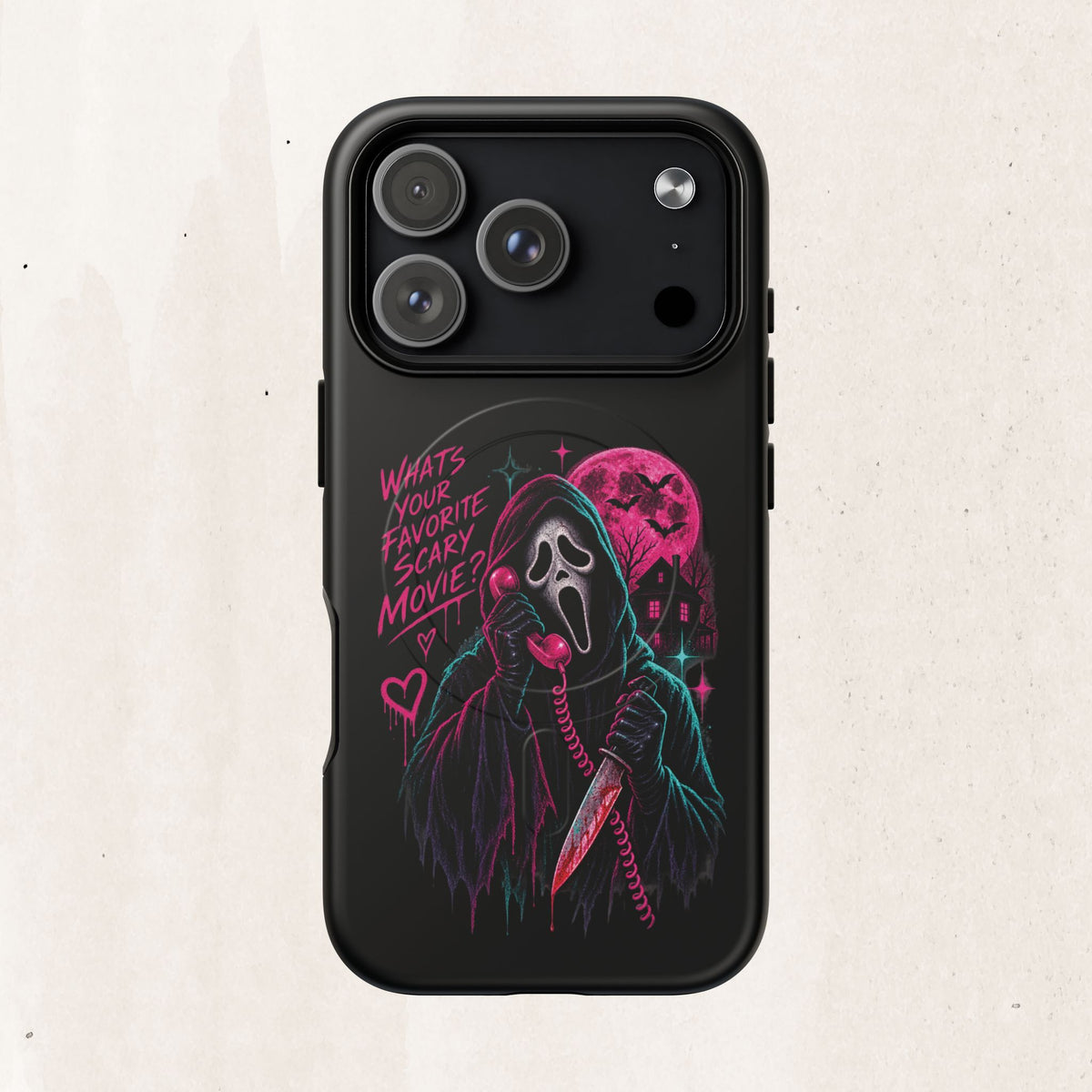 Magnetic Phone Case — Neon 'What's Your Favorite Scary Movie?' Horror Design