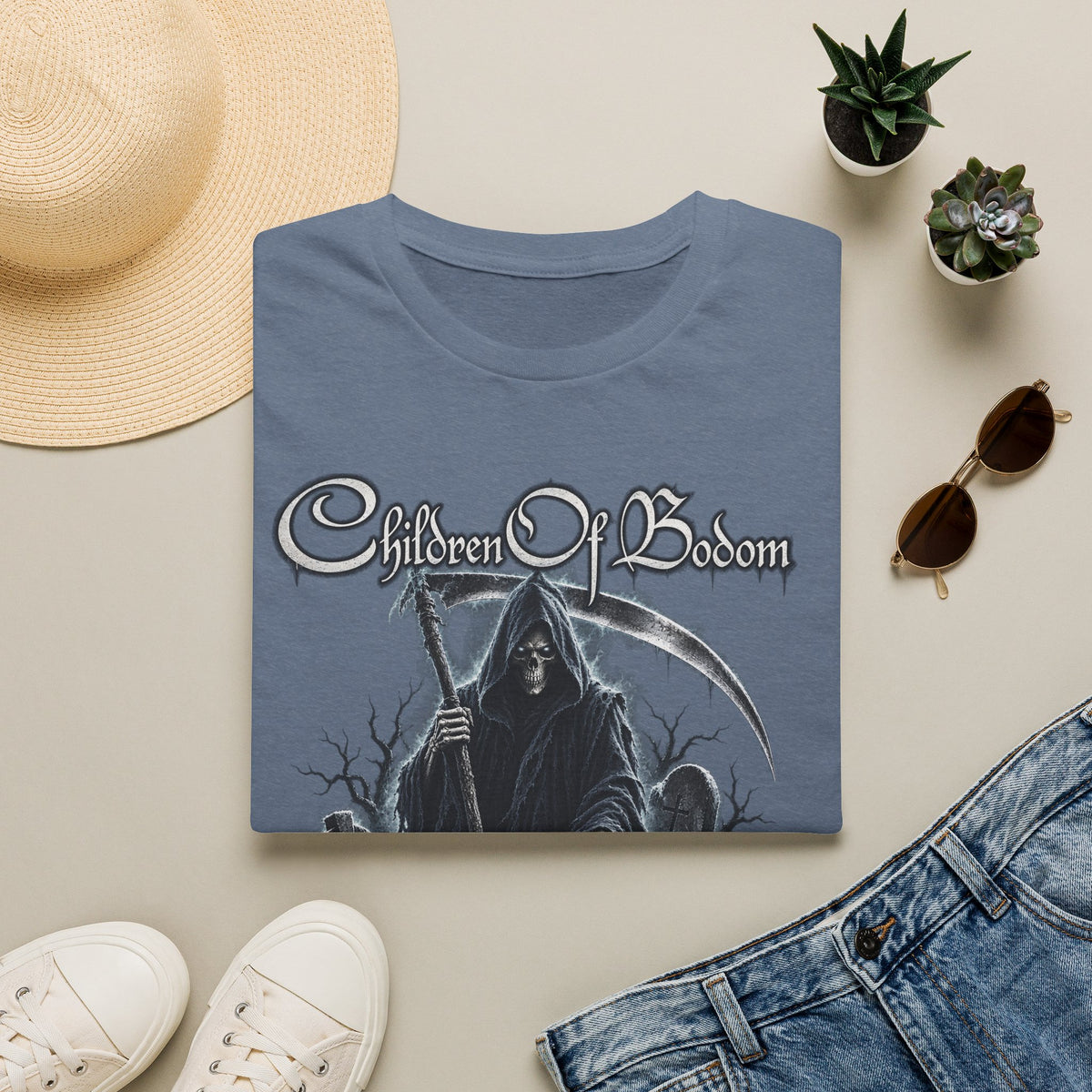 Bodom Graphic Tee – Gothic Reaper Metal Shirt – Heather Indigo