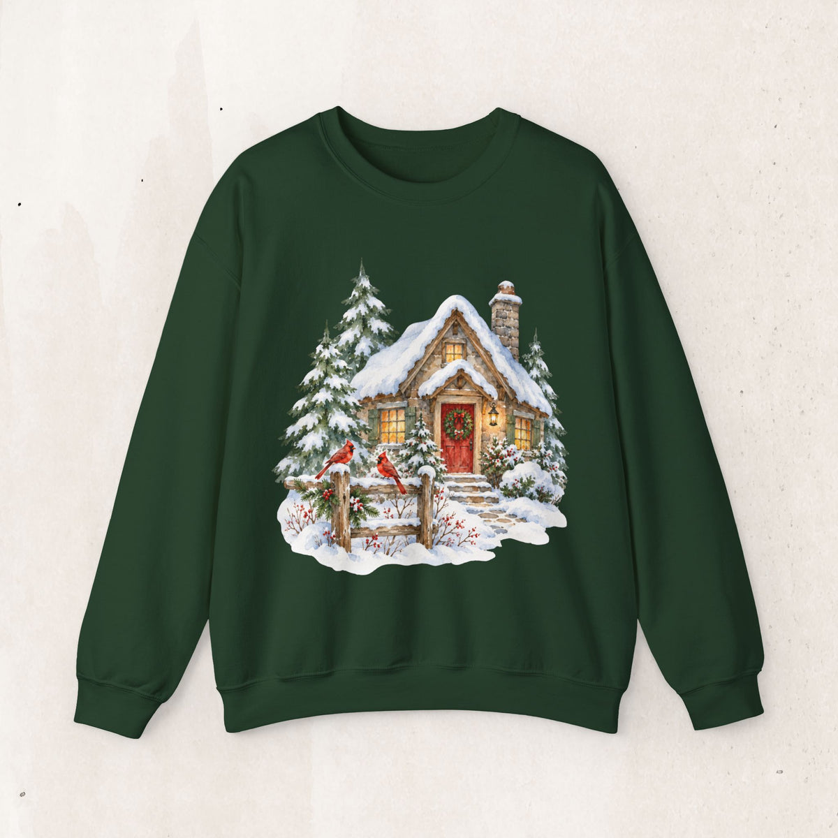 Cozy Christmas Cottage Sweatshirt, Snowy Winter Cabin Crewneck
