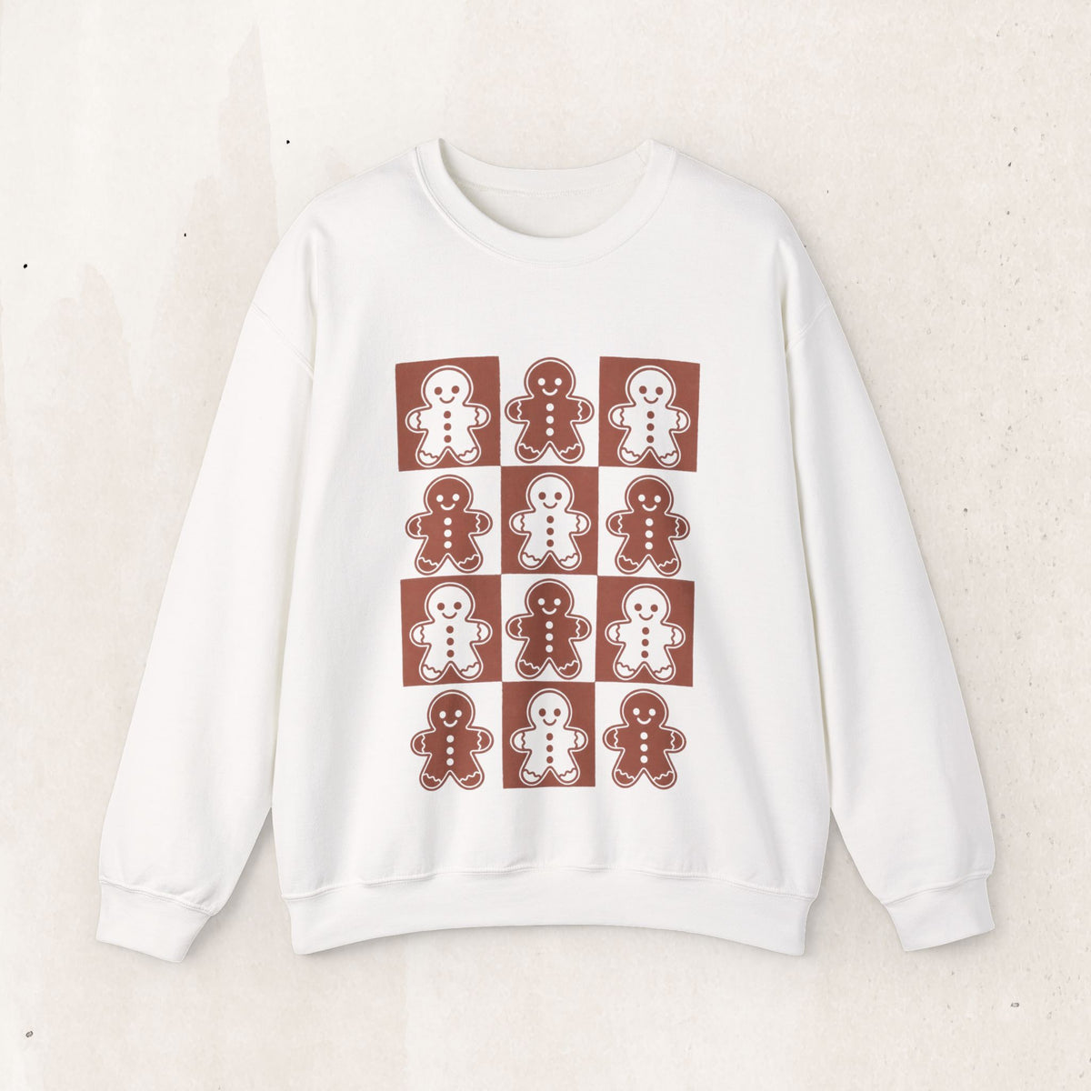 Gingerbread Christmas sweatshirt with a vintage grid of gingerbread cookie people