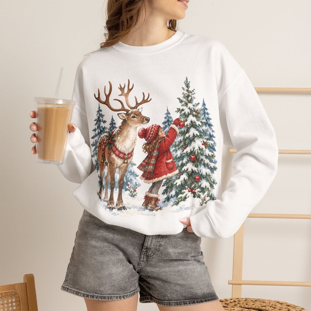 Christmas Reindeer and Gnome Sweatshirt, Woodland Reindeer Crewneck