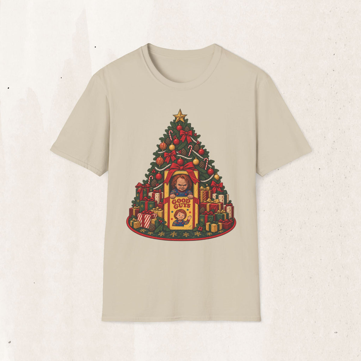 Chucky Christmas Graphic Tee – Creepy Horror Christmas Shirt – Sand