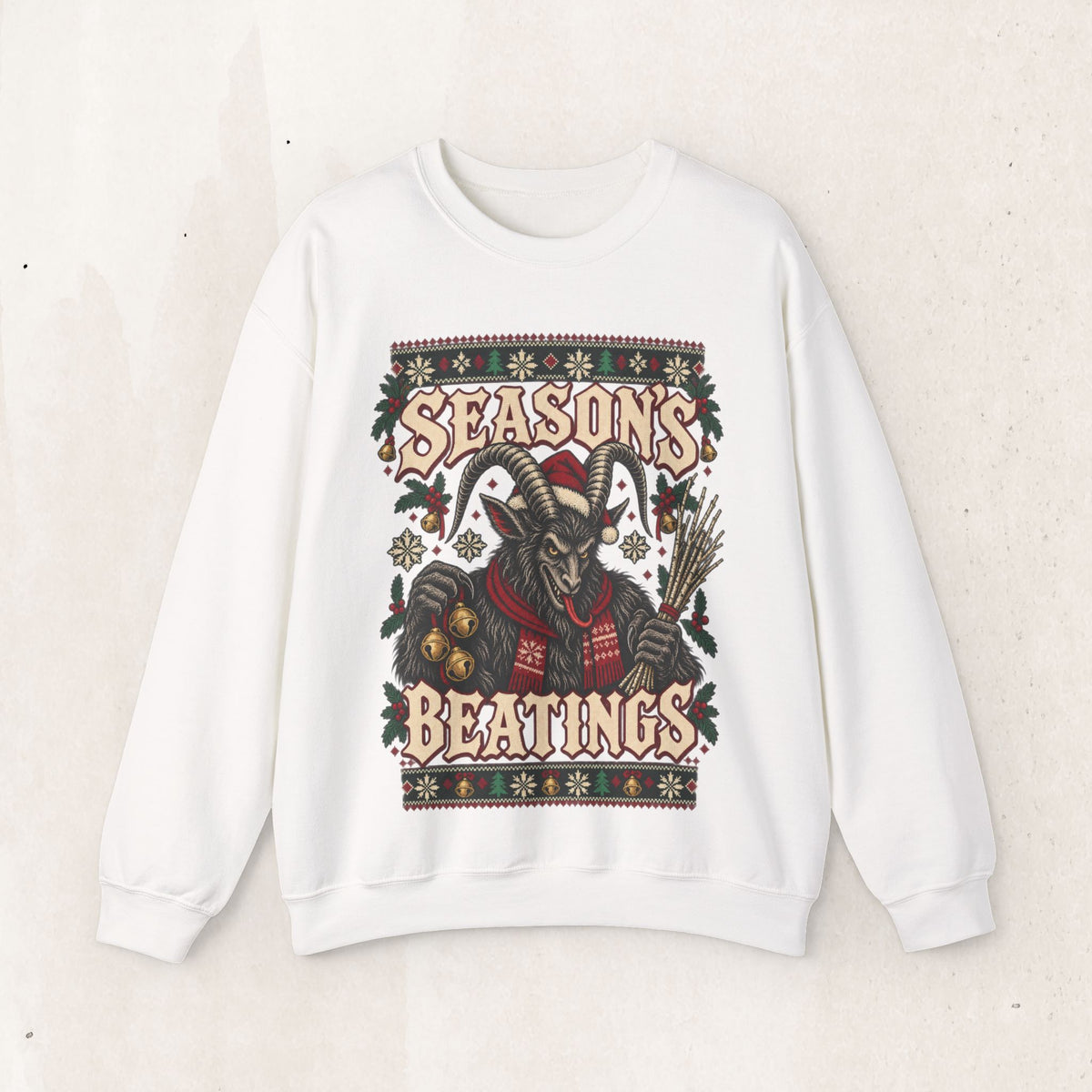 Seasons Beatings Krampus Ugly Christmas Sweatshirt – White