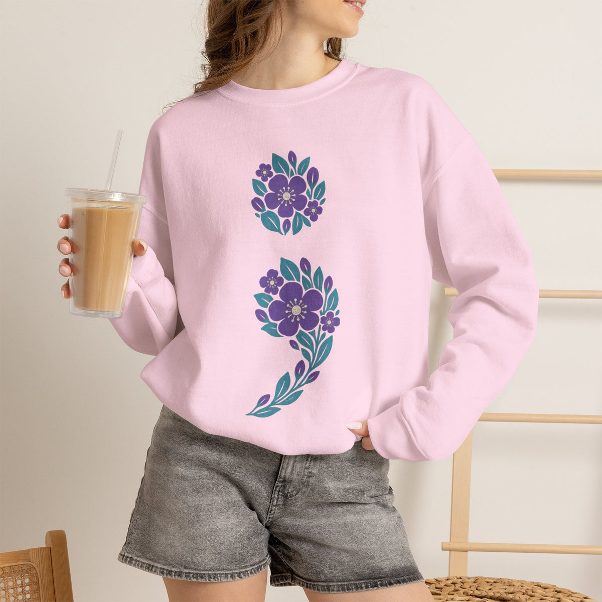 Floral semicolon suicide awareness crewneck sweatshirt in light pink
