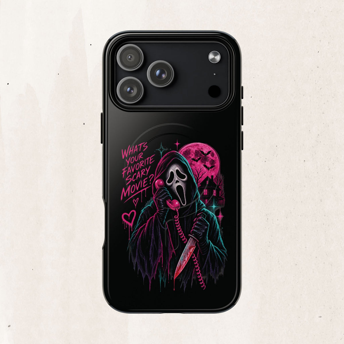 Magnetic Phone Case — Neon 'What's Your Favorite Scary Movie?' Horror Design