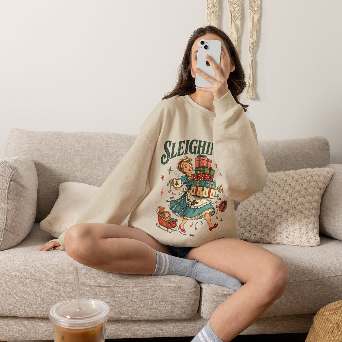 Sleighing It Christmas Crewneck Sweatshirt — Retro Holiday Gifts Design
