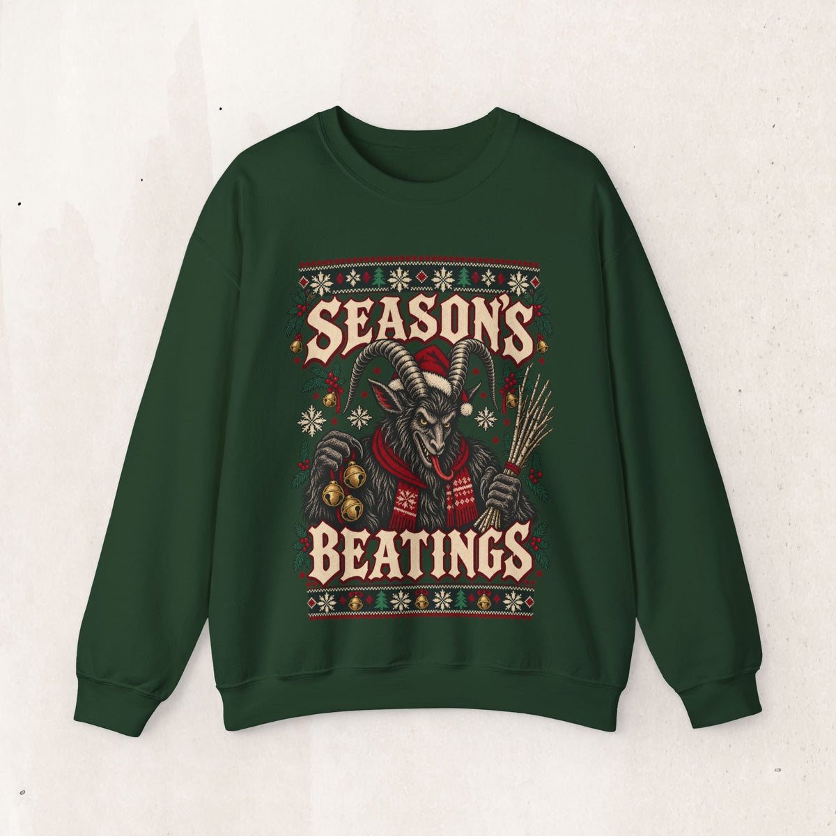 Seasons Beatings Krampus Ugly Christmas Sweatshirt – Forest Green