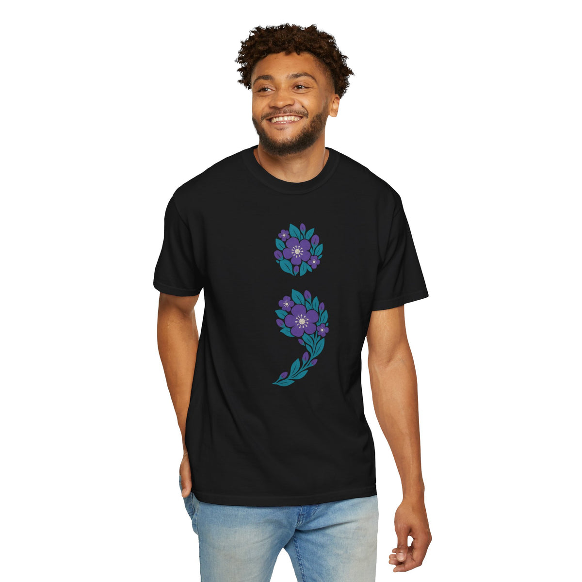 Floral semicolon suicide awareness t-shirt in black