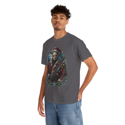 Horror Christmas Tee — Jason Holiday Killer Mask with Festive Machete