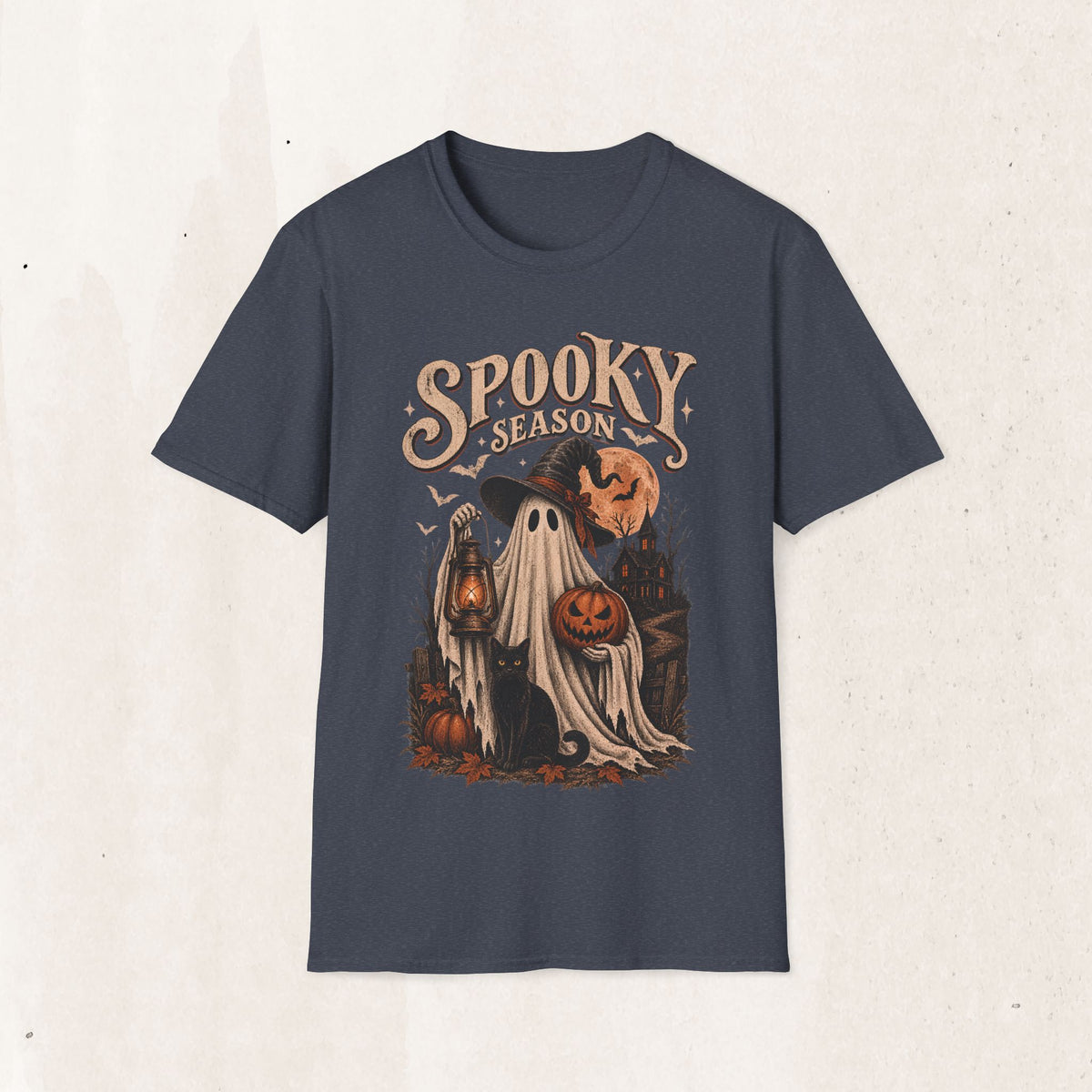 Spooky Season Graphic Tee – Vintage Ghost & Witch Hat Shirt – Heather Navy