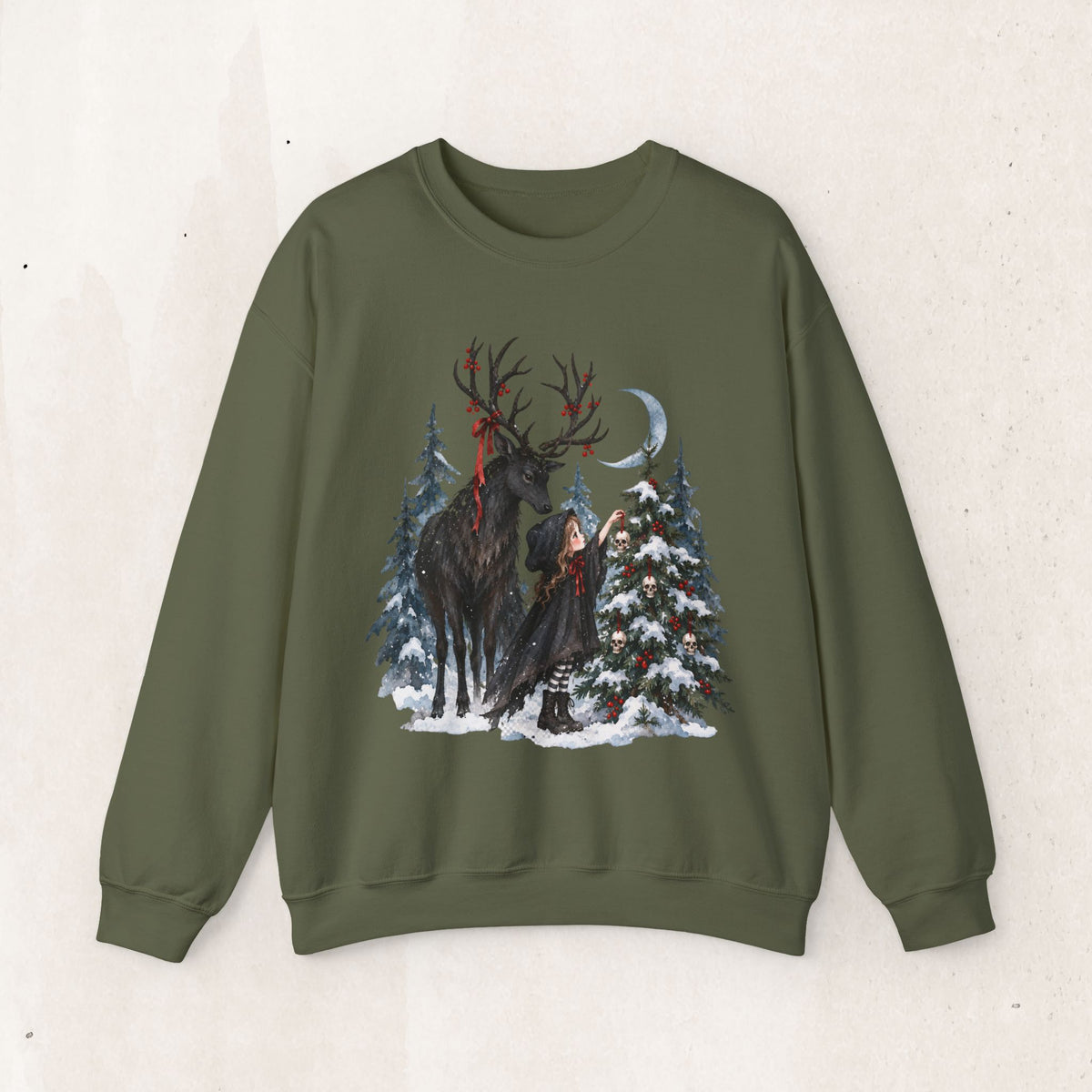 Winter Forest Deer and Moon Sweatshirt, Moonlit Stag Crewneck