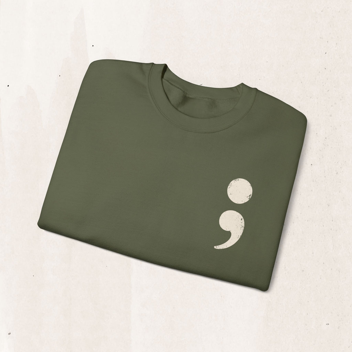 Minimalist semicolon suicide awareness crewneck sweatshirt in military green