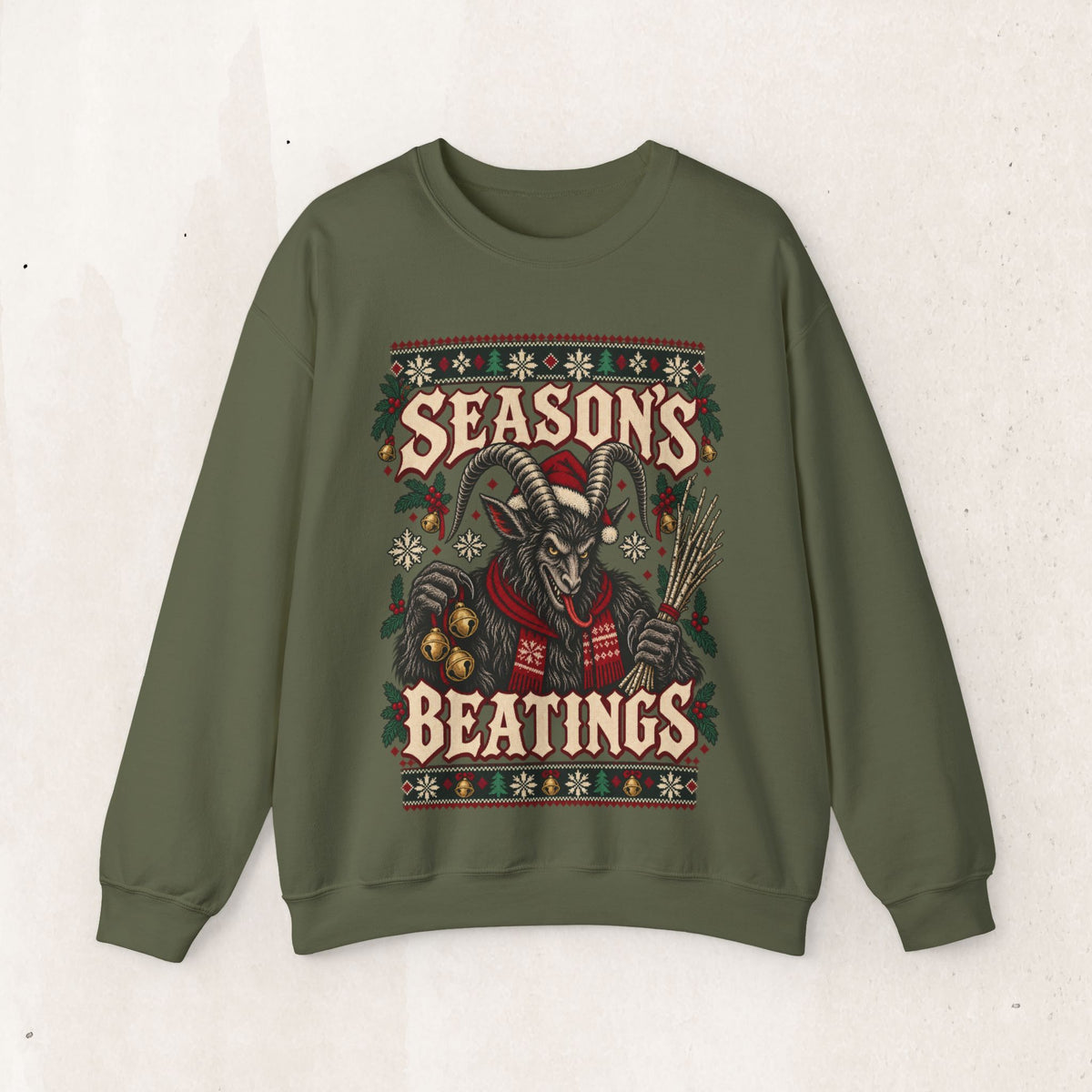 Seasons Beatings Krampus Ugly Christmas Sweatshirt – Military Green