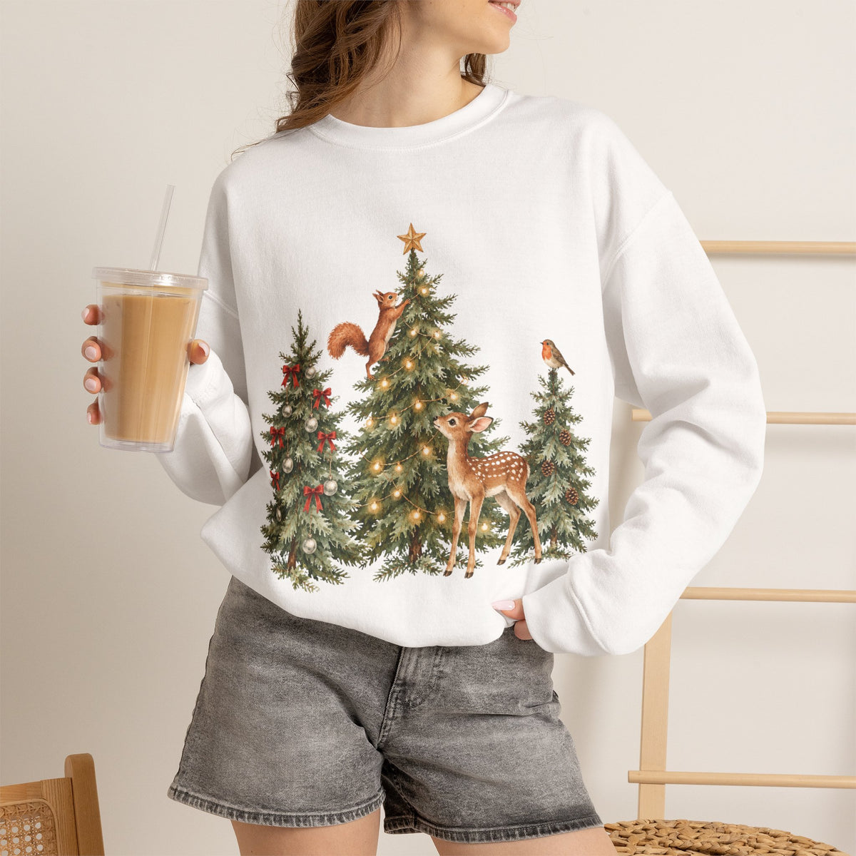Christmas Woodland Animals Sweatshirt, Forest Deer Christmas Crewneck
