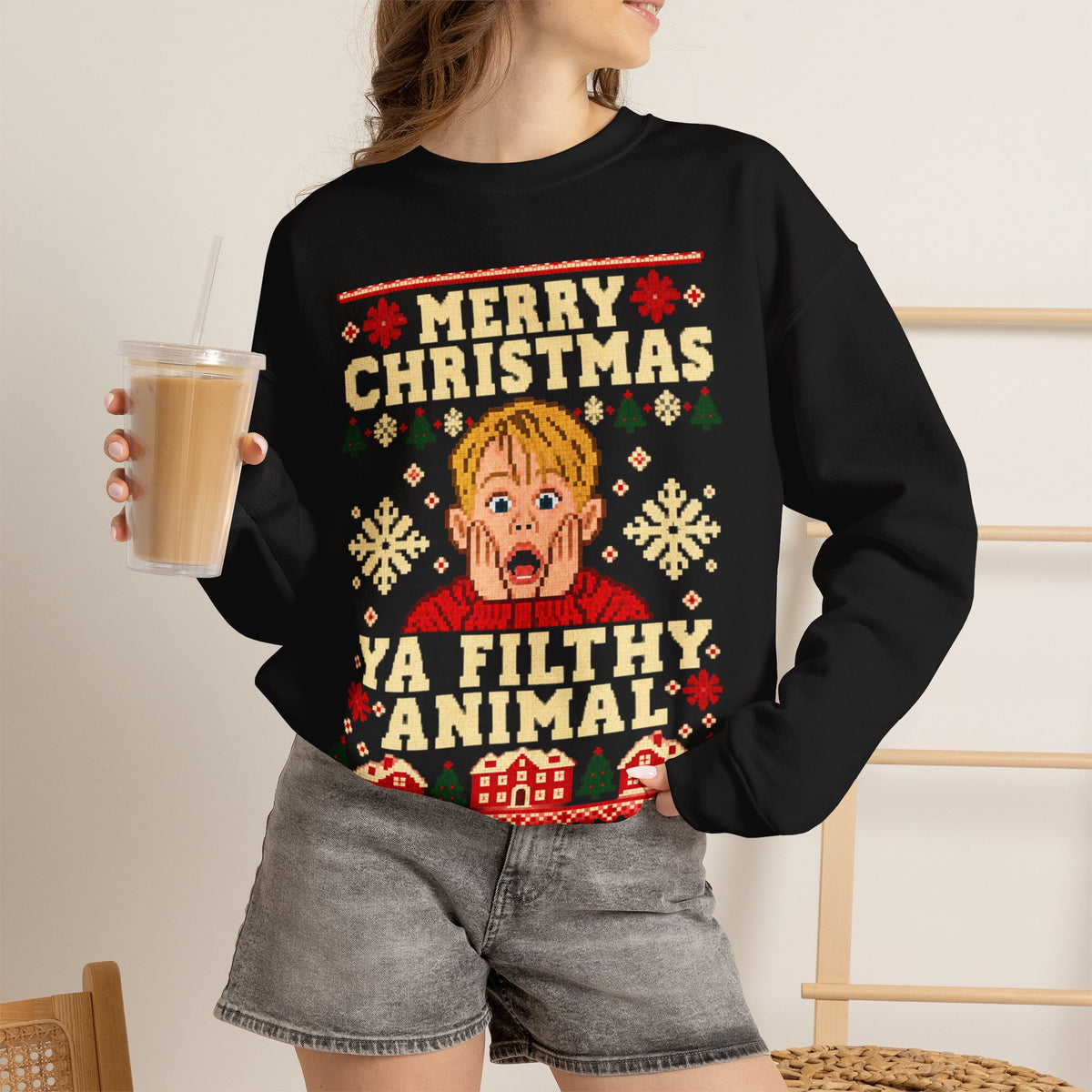 Merry Christmas Ya Filthy Animal Sweatshirt in Red, alternate view